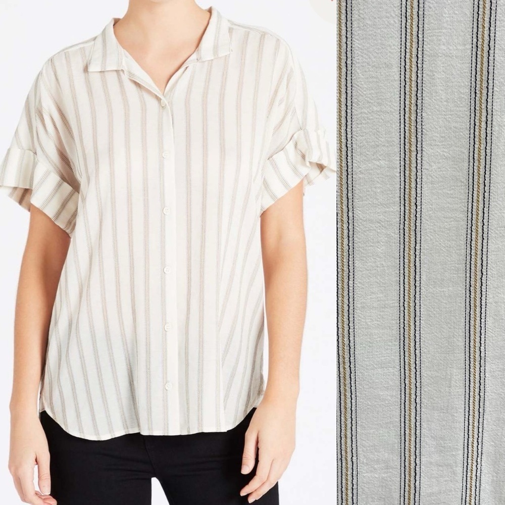 FRAME Denim Clean Collar Short Sleeve Button Up Shirt Pinstriped Size Medium